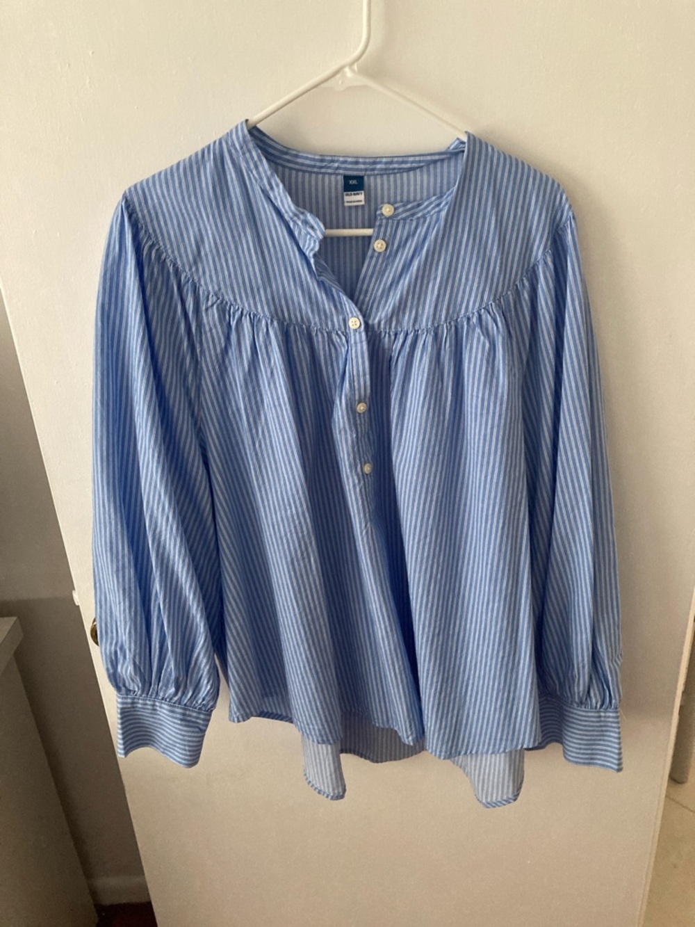 Old Navy Blue & White Striped Band-Collar Button Down Top